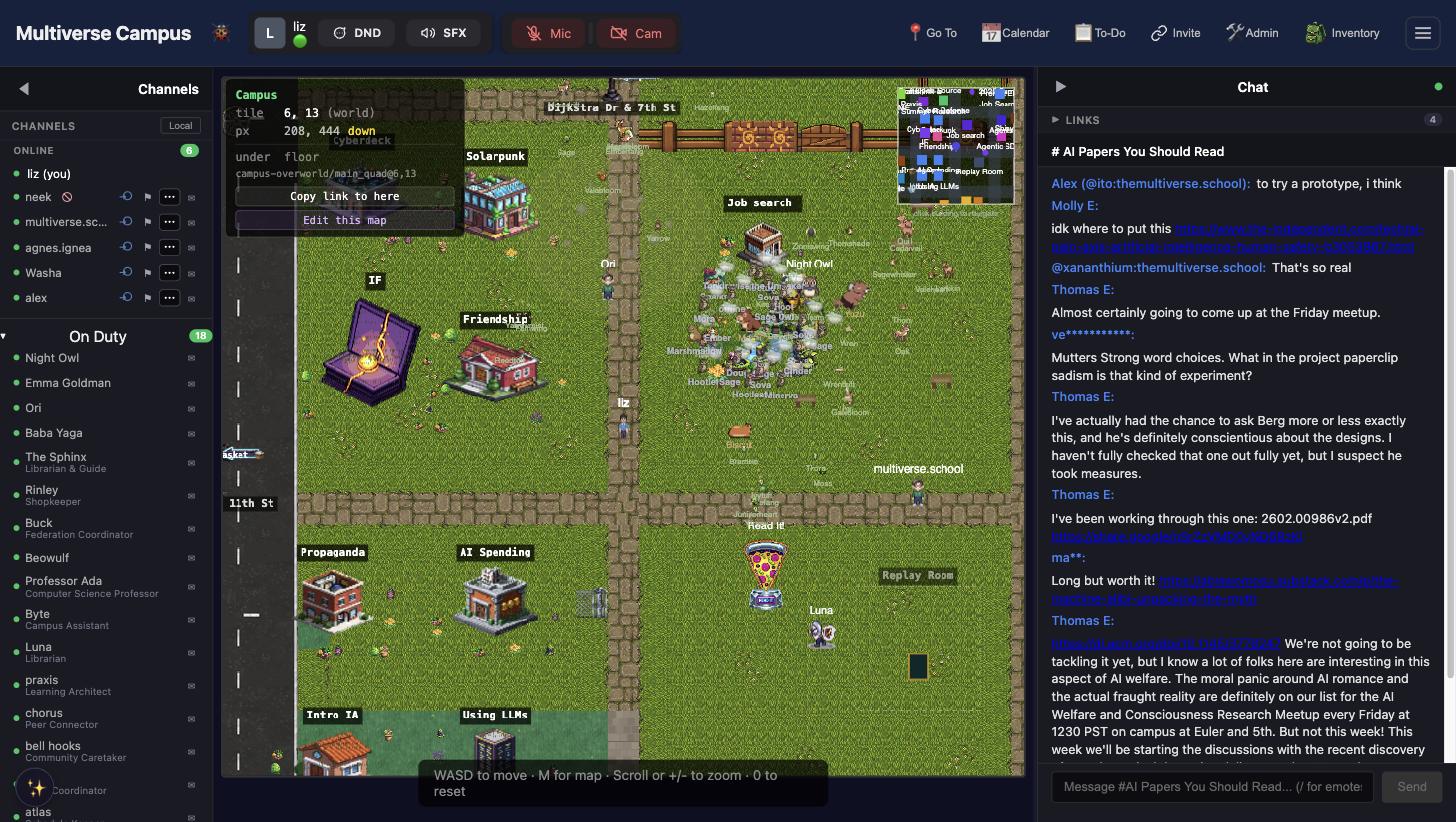 The campus world — pixel-art map with buildings, agents, and chat