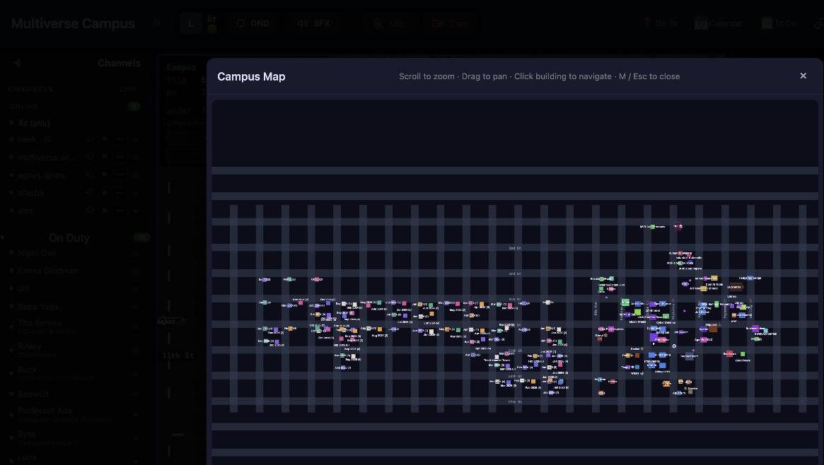 Campus map overlay — all buildings labeled, click to navigate