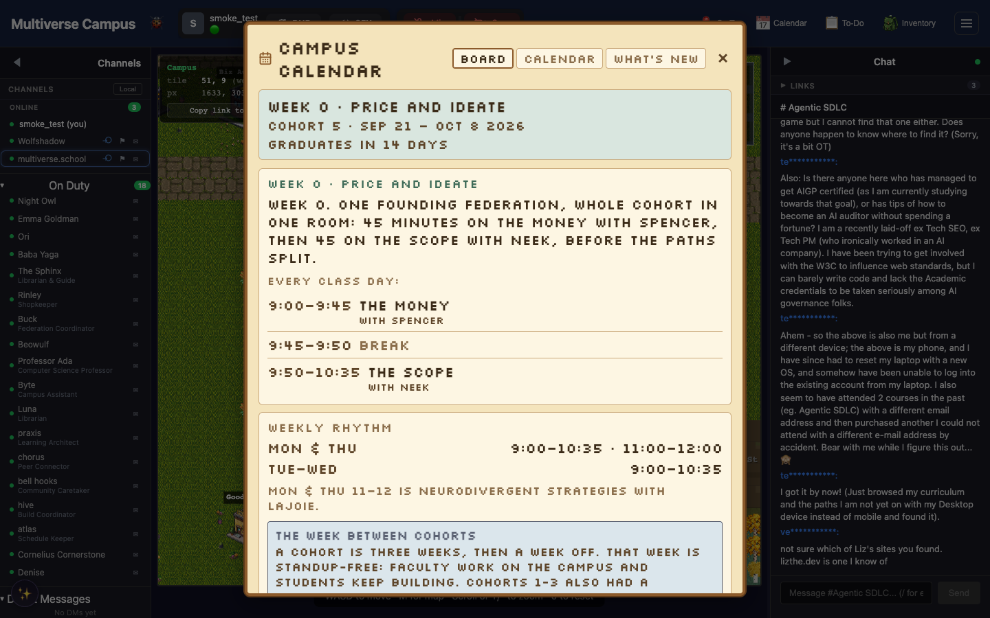Campus Calendar — cohort schedule, class times, and weekly rhythm