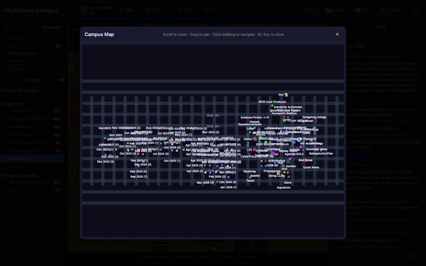 Campus map overlay — click any building to auto-walk there